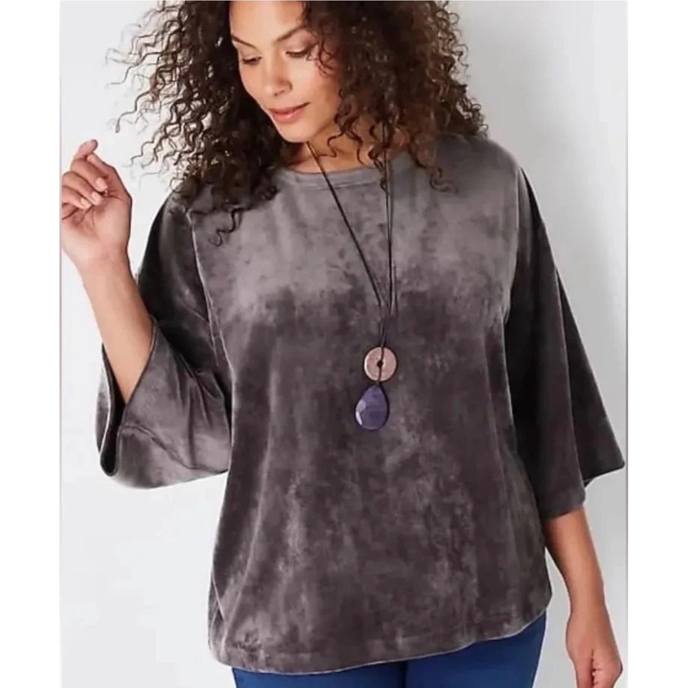 J. Jill Women Pure Jill Velour Top 2X Gray Kimono Sleeve Sweatshirt Cozy Travel